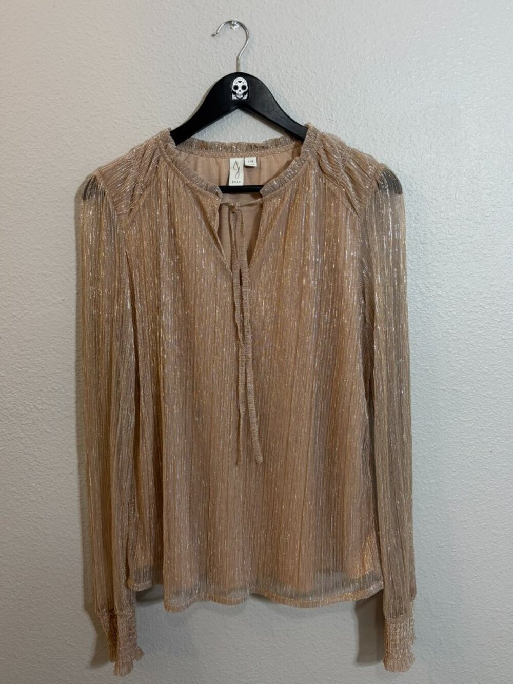 Joie Womens L Gold Metallic Plissé Lurex Blouse Sheer Long Sleeve Tie Neck